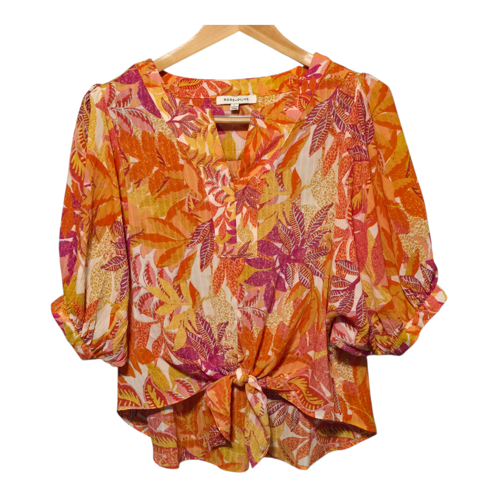 Rose + Olive Top Womens Size Large Multi Floral Print Balloon Sleeve Colorful